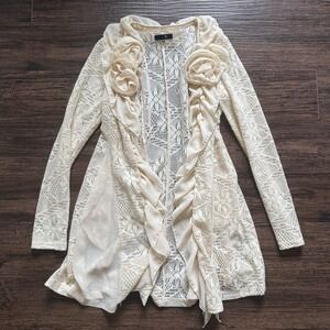 Ryu Cream Lace Rosette Ruffle Cardigan Size M - Boho Shabby Chic Romantic